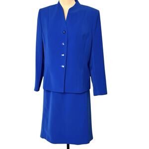 Le Suit Petite Jacket Skirt Set Size 14P Blue Long Sleeve Knee Length Slit Lined
